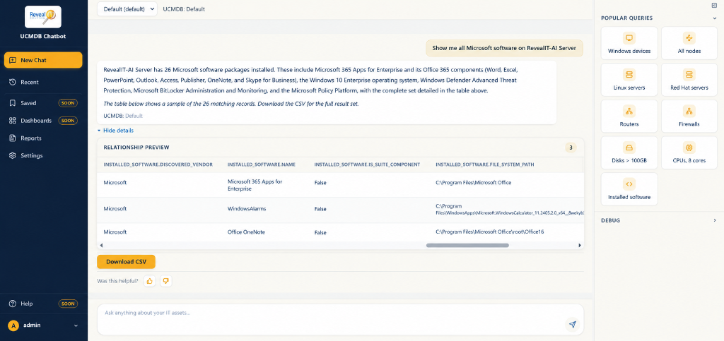 RevealIT Chatbot for OpenText UCMDB Live Query and Topology Preview